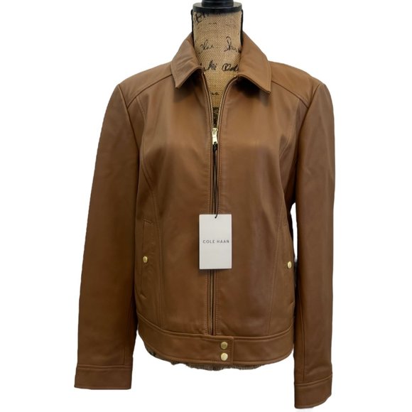 Cole Haan Tan Soft Lambskin Leather Moto Jacket NEW XL